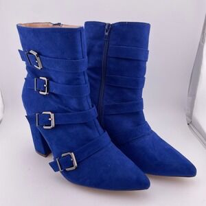 Chase & Chloe Emelia Blue Faux Suede Buckle Strap Ankle Boots Wide Width 9W EUC